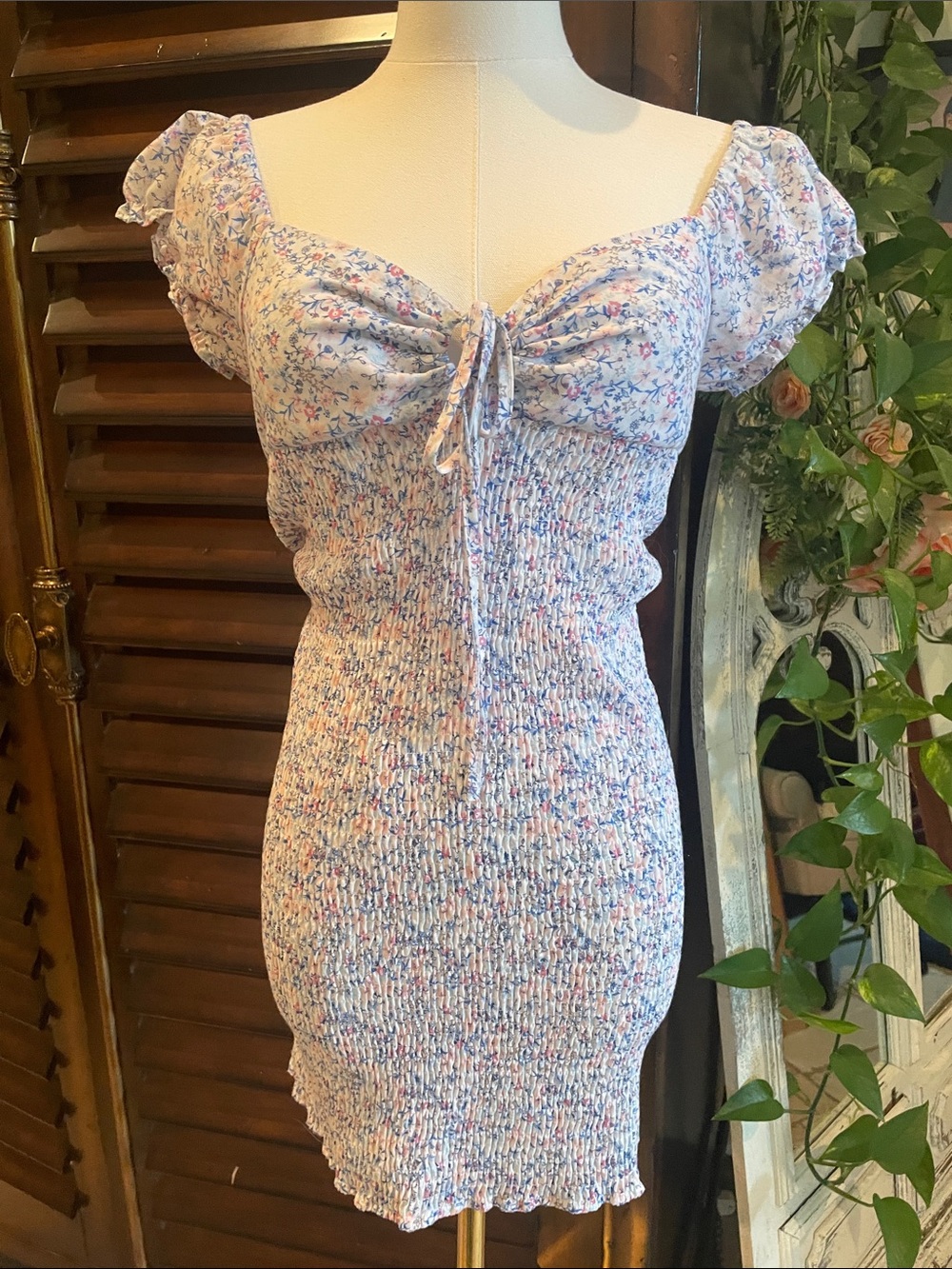 Altar’d State Smocked Floral Mini Dress in Light Blue Small